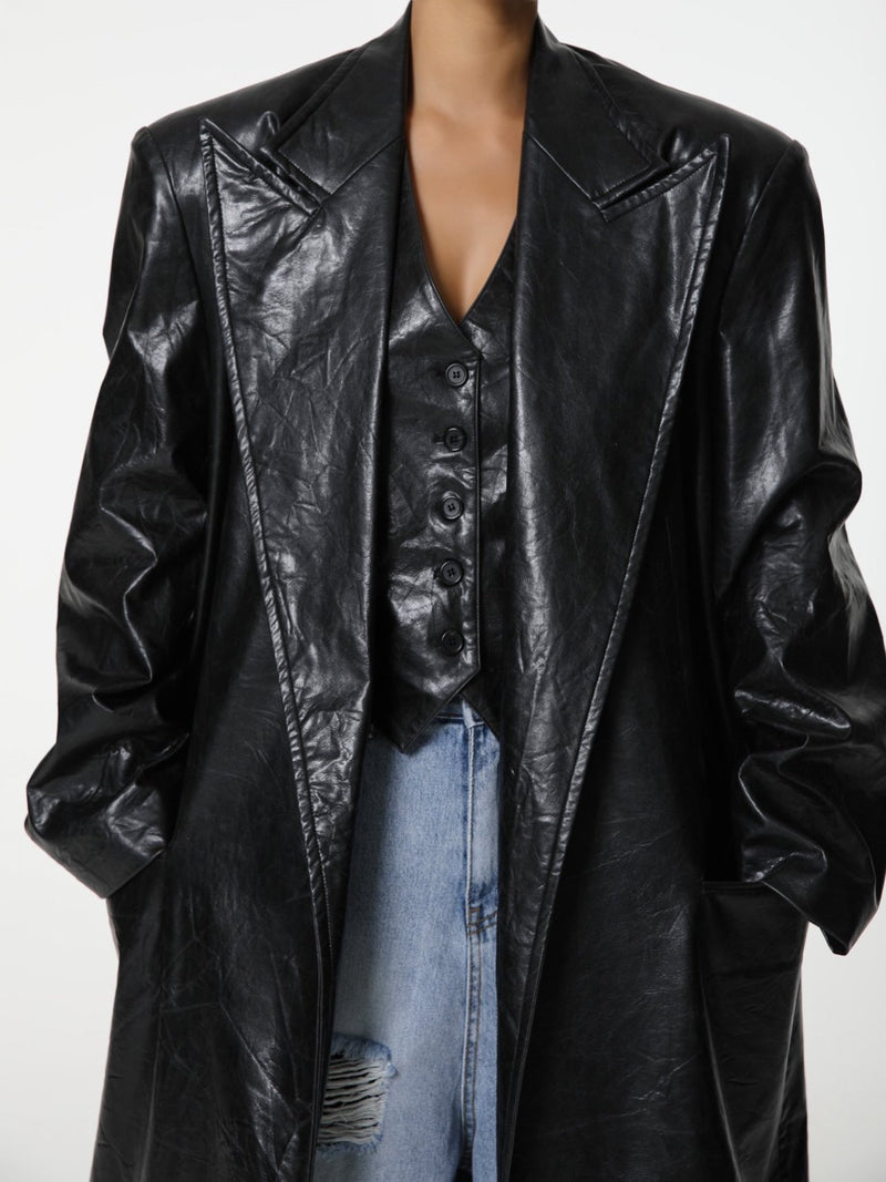 LUXE PEAKED LAPEL VEGAN WASHED LEATHER COAT
