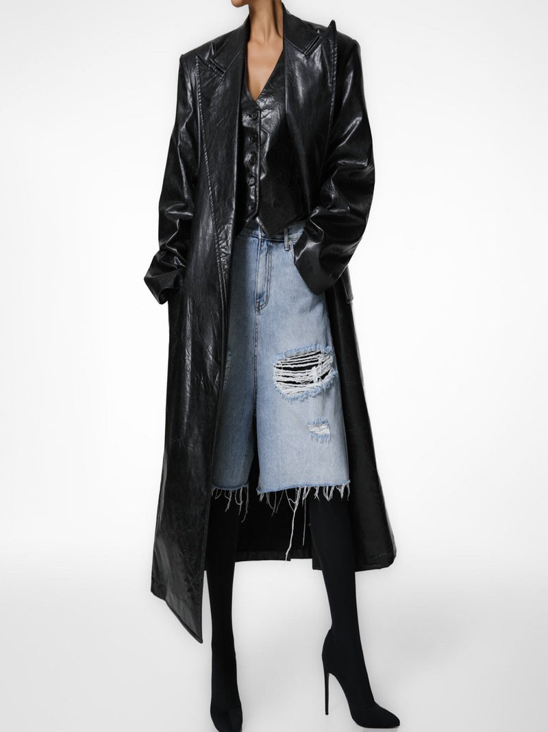 LUXE PEAKED LAPEL VEGAN WASHED LEATHER COAT