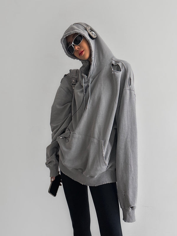 OVERSIZED PIGMENT CUTTED DETAIL HOODIE