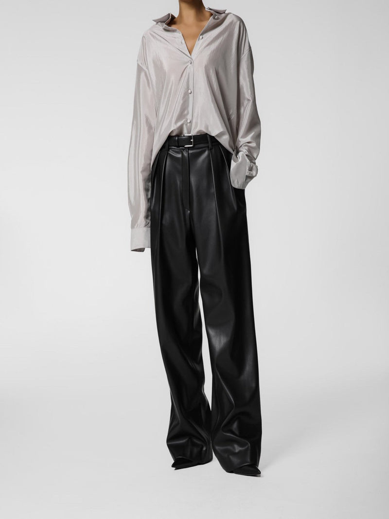 VEGAN LEATHER LOW WAISTED DOUBLE PLEATED TROUSERS