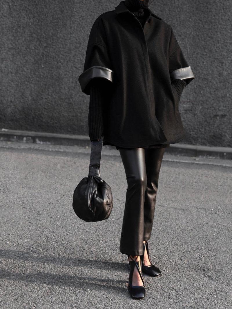 LEATHER SLEEVE BUTTON DOWN SHIRT CAPE COAT