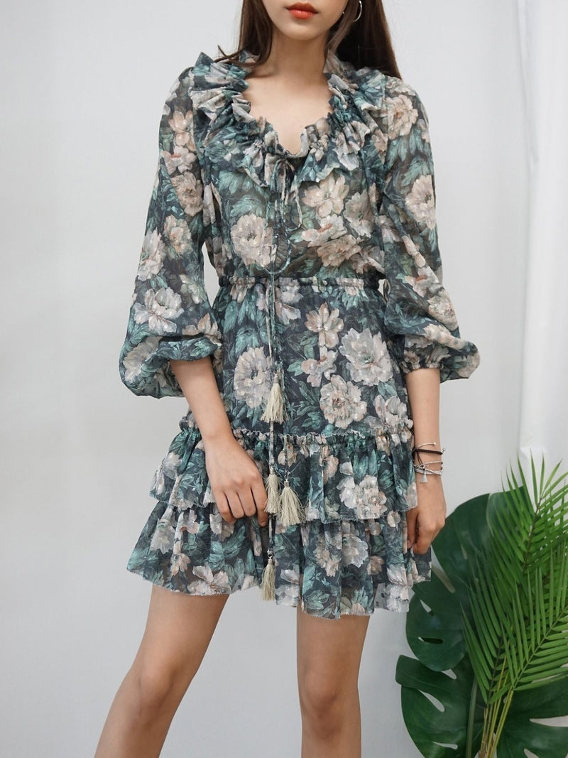 LONG SLEEVE RUFFLE TIERED FLORAL DRESS