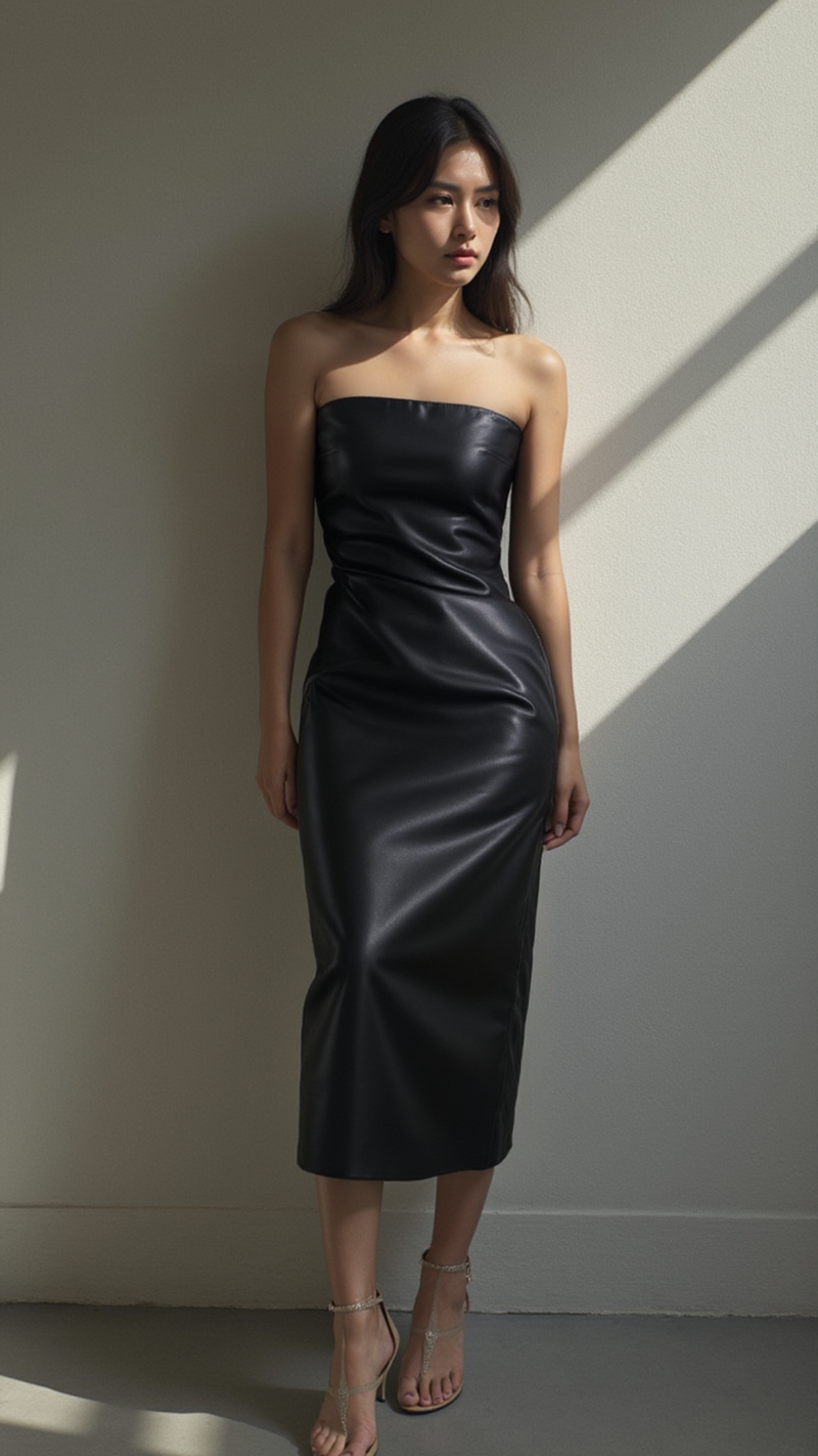 STRAPLESS FAUX LEATHER MIDI DRESS
