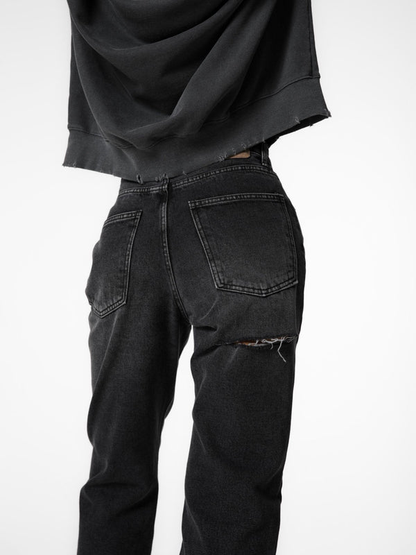 BACK SPLIT DETAIL WASHED BLACK JEANS
