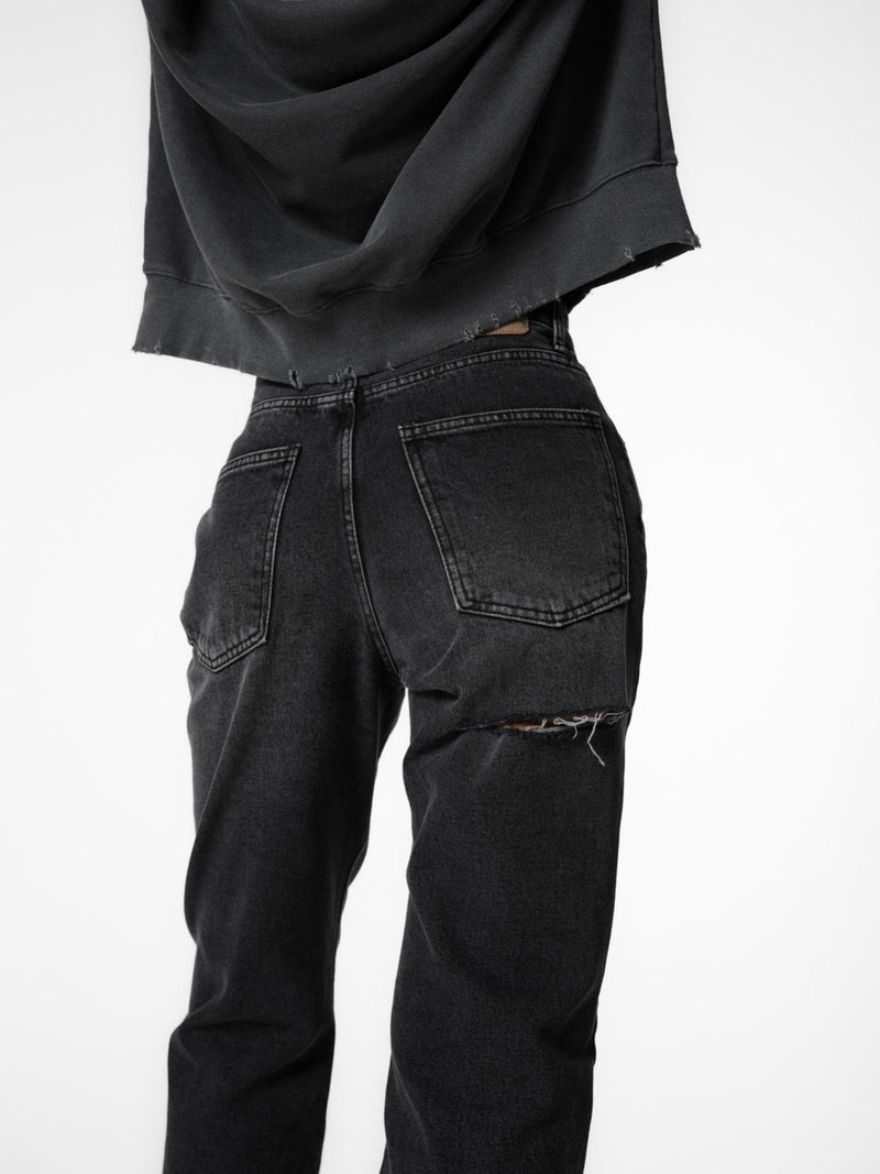BACK SPLIT DETAIL WASHED BLACK JEANS