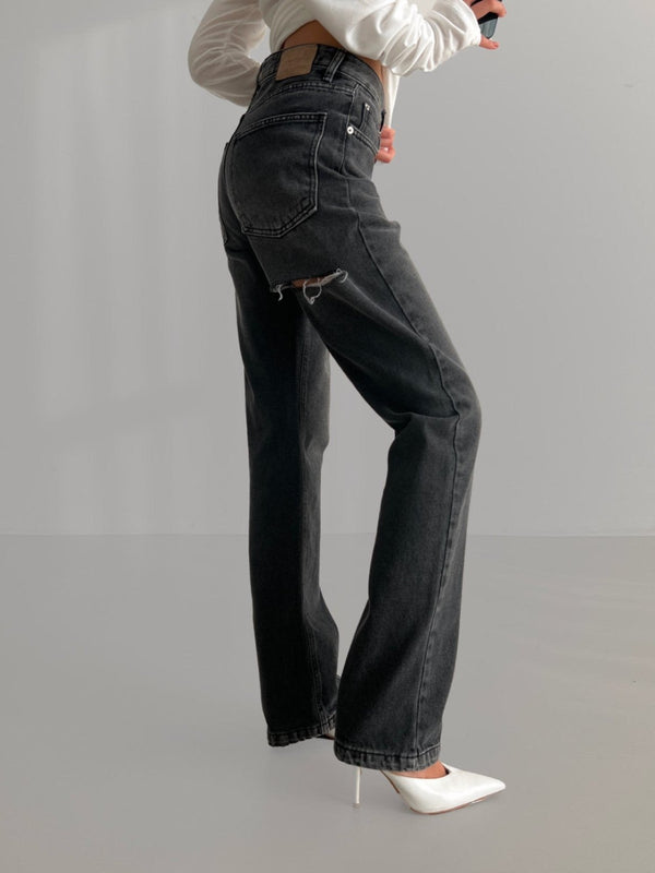 BACK SPLIT DETAIL WASHED BLACK JEANS