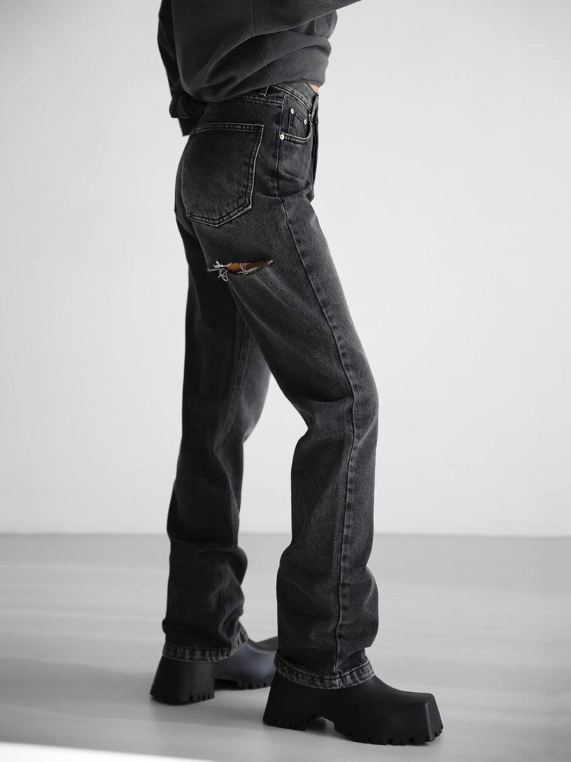 BACK SPLIT DETAIL WASHED BLACK JEANS