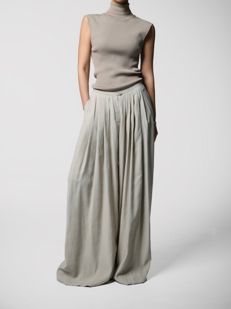 BAMBOO PIN TUCK PLEATED WIDE TROUSERS