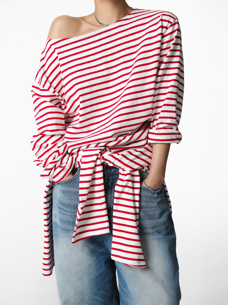 BOYFRIEND FIT STRIPED BOATNECK T-SHIRT
