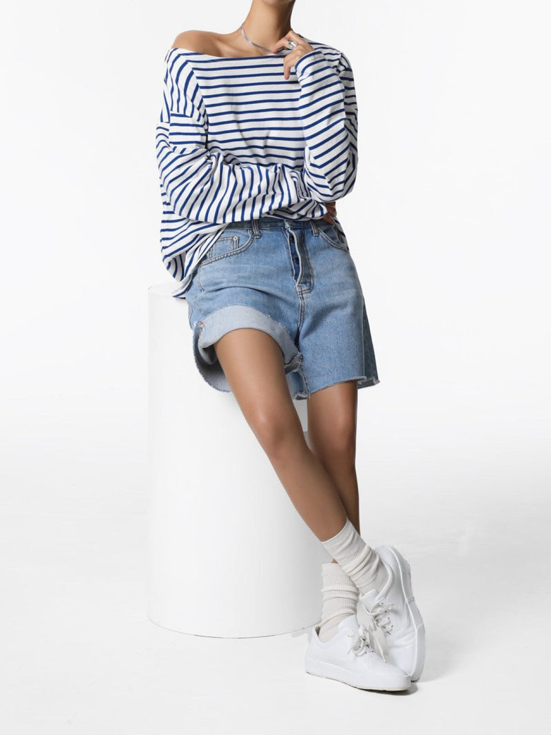 BOYFRIEND FIT STRIPED BOATNECK T-SHIRT