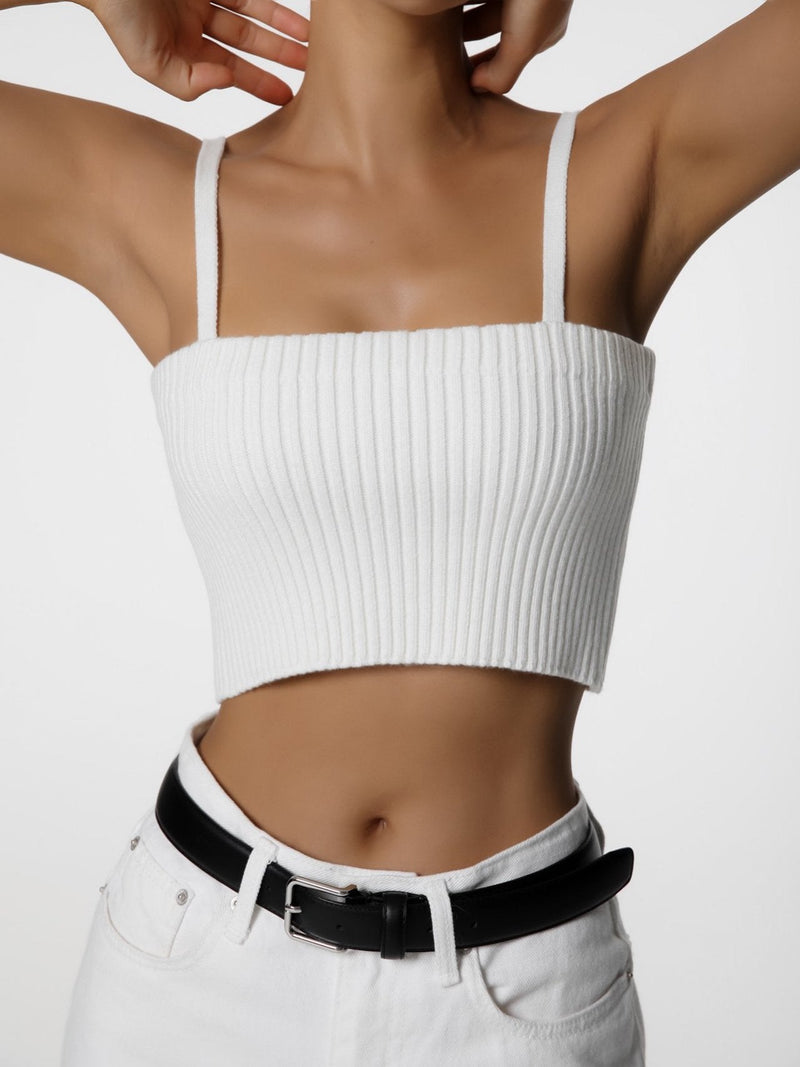 CROPPED RIBBED SHOULDER STRAP KNIT TOP