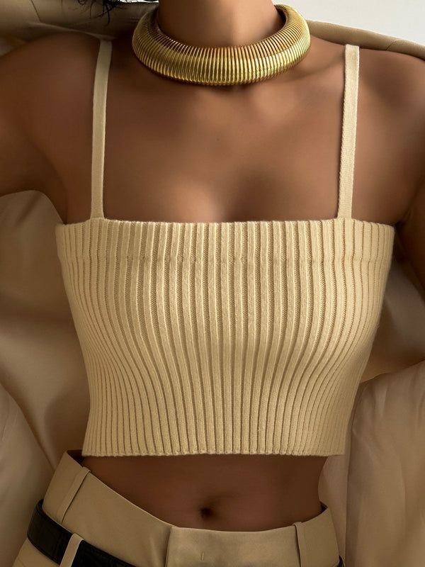 CROPPED RIBBED SHOULDER STRAP KNIT TOP