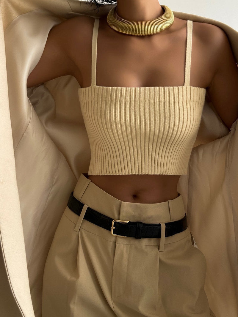 CROPPED RIBBED SHOULDER STRAP KNIT TOP