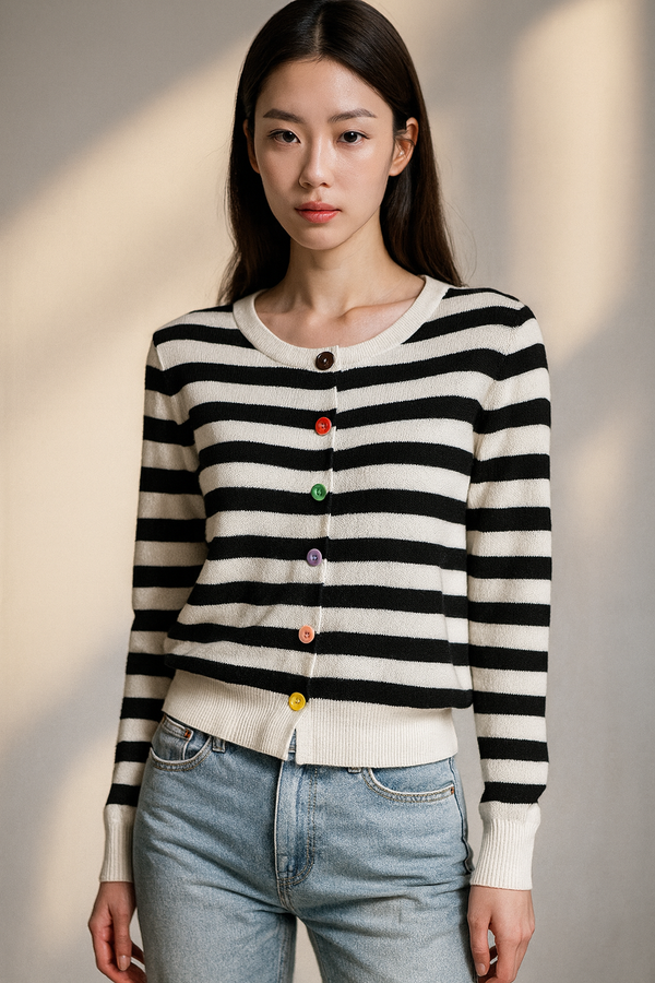 RAINBOW BUTTON STRIPE CARDIGAN