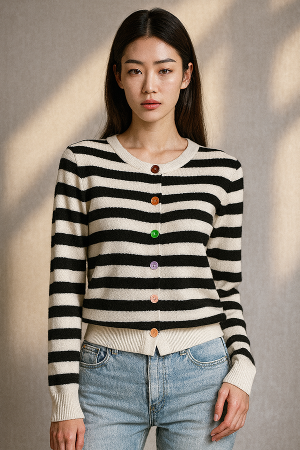 RAINBOW BUTTON STRIPE CARDIGAN