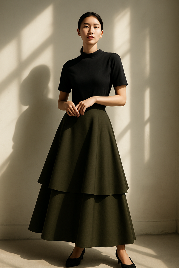 DOUBLE-TIER SCULPTED MIDI SKIRT