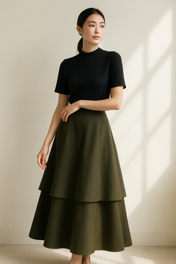 DOUBLE-TIER SCULPTED MIDI SKIRT