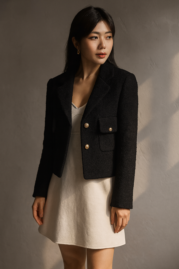 BLACK BOUCLE STRUCTURED GOLD-BUTTON JACKET