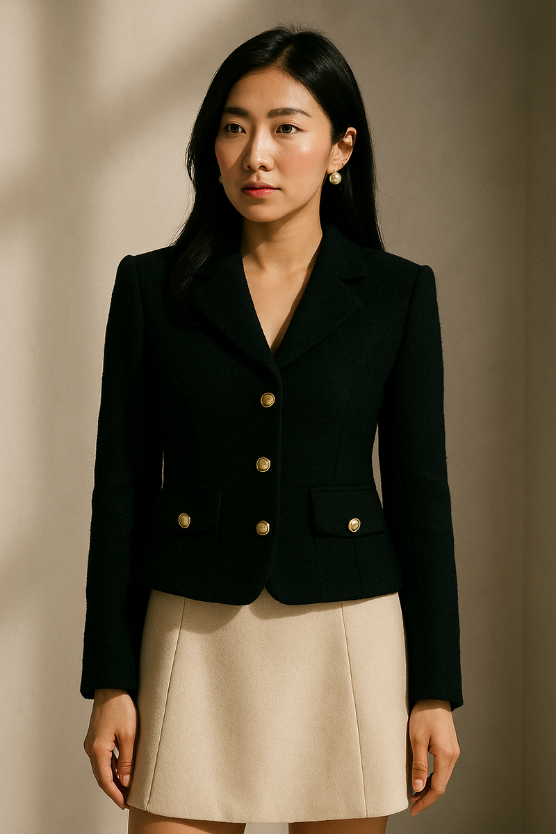 BLACK BOUCLE STRUCTURED GOLD-BUTTON JACKET