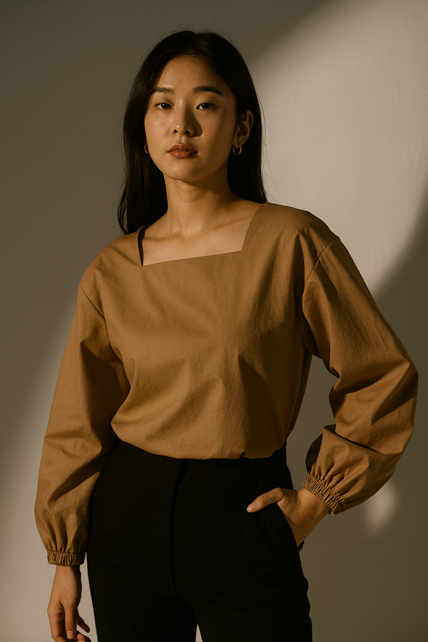SCULPTED SQUARE-NECK PUFF SLEEVE BLOUSE
