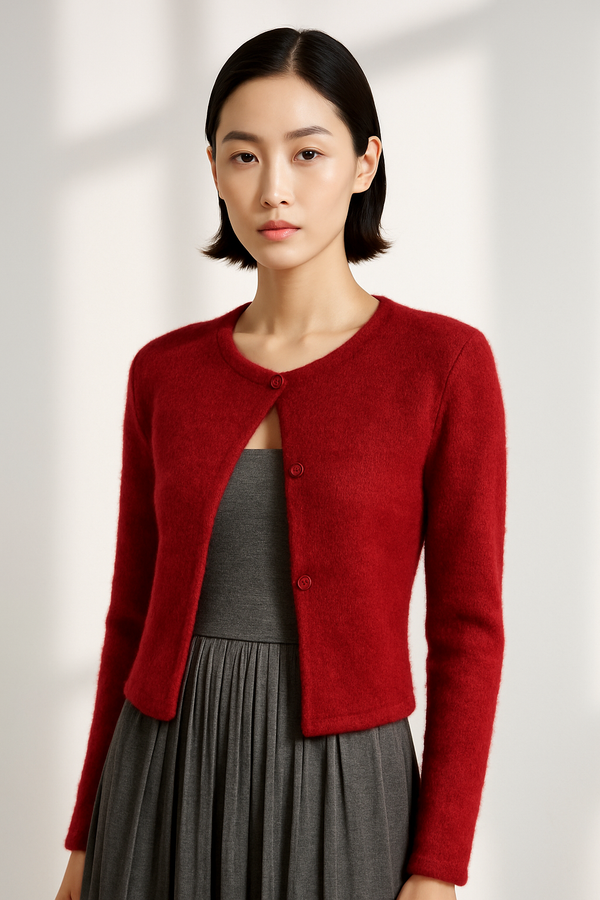 BLOOD RED MOHAIR BUTTON CARDIGAN