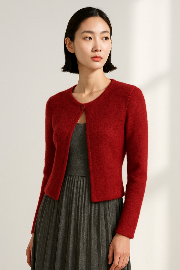 BLOOD RED MOHAIR BUTTON CARDIGAN