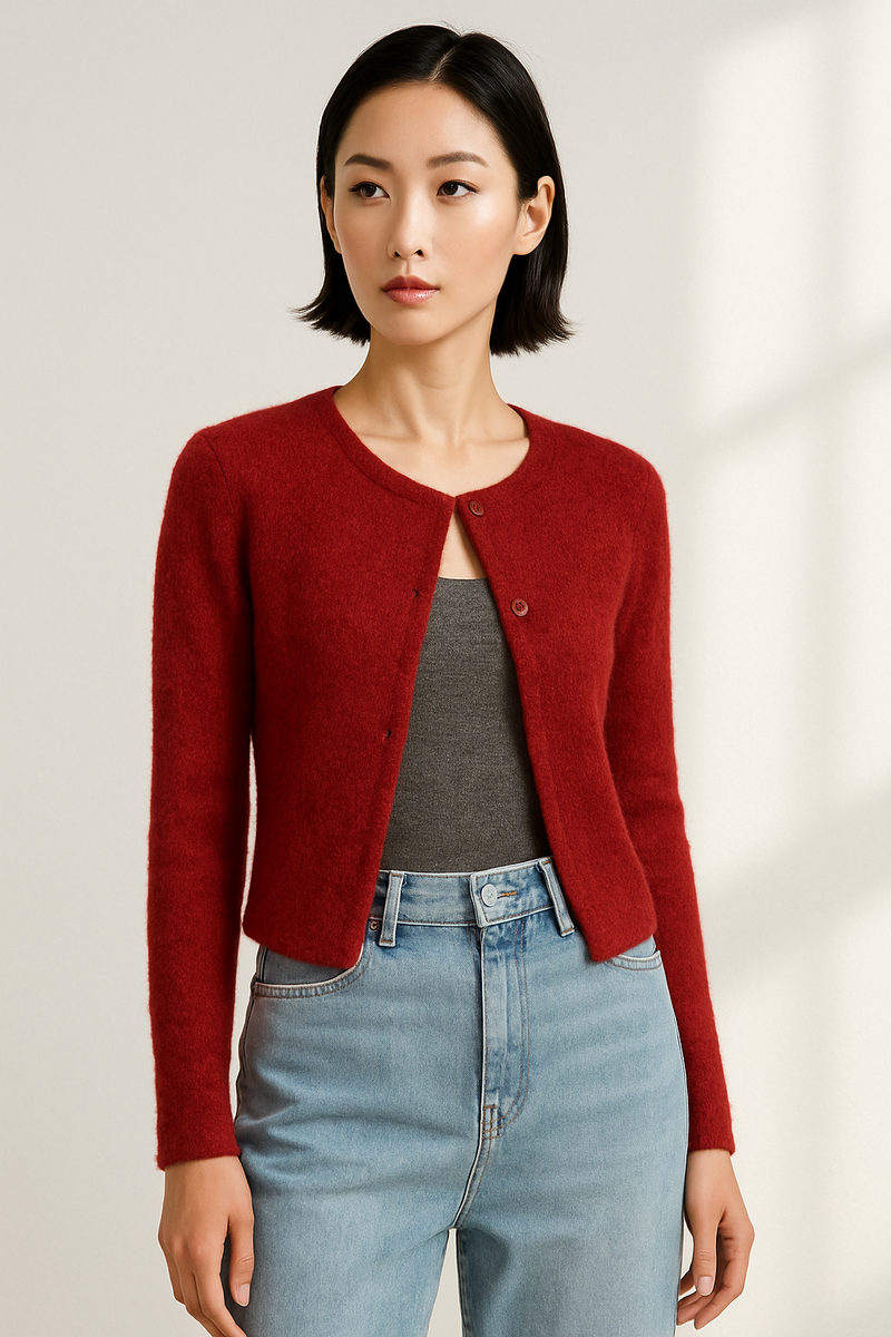 BLOOD RED MOHAIR BUTTON CARDIGAN