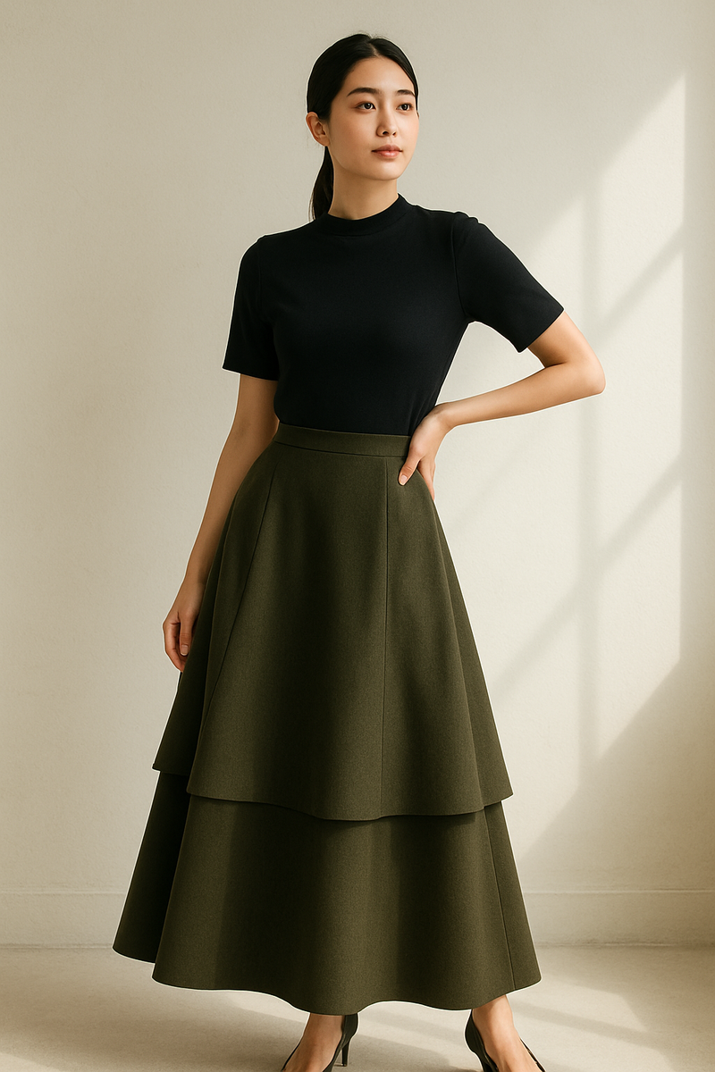 DOUBLE TIER SCULPTED MIDI SKIRT