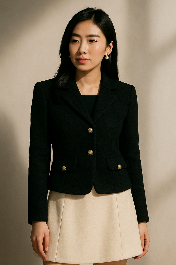 BLACK BOUCLE STRUCTURED GOLD-BUTTON JACKET