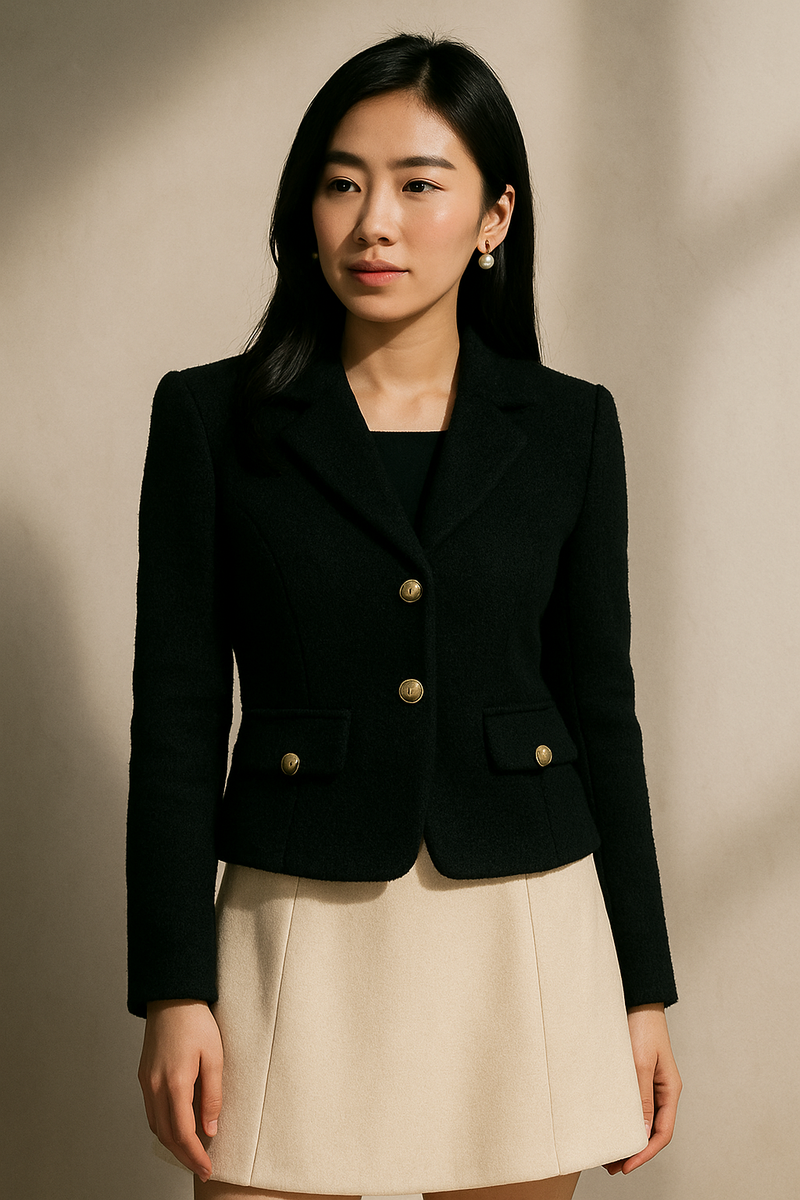 BLACK BOUCLE STRUCTURED GOLD-BUTTON JACKET
