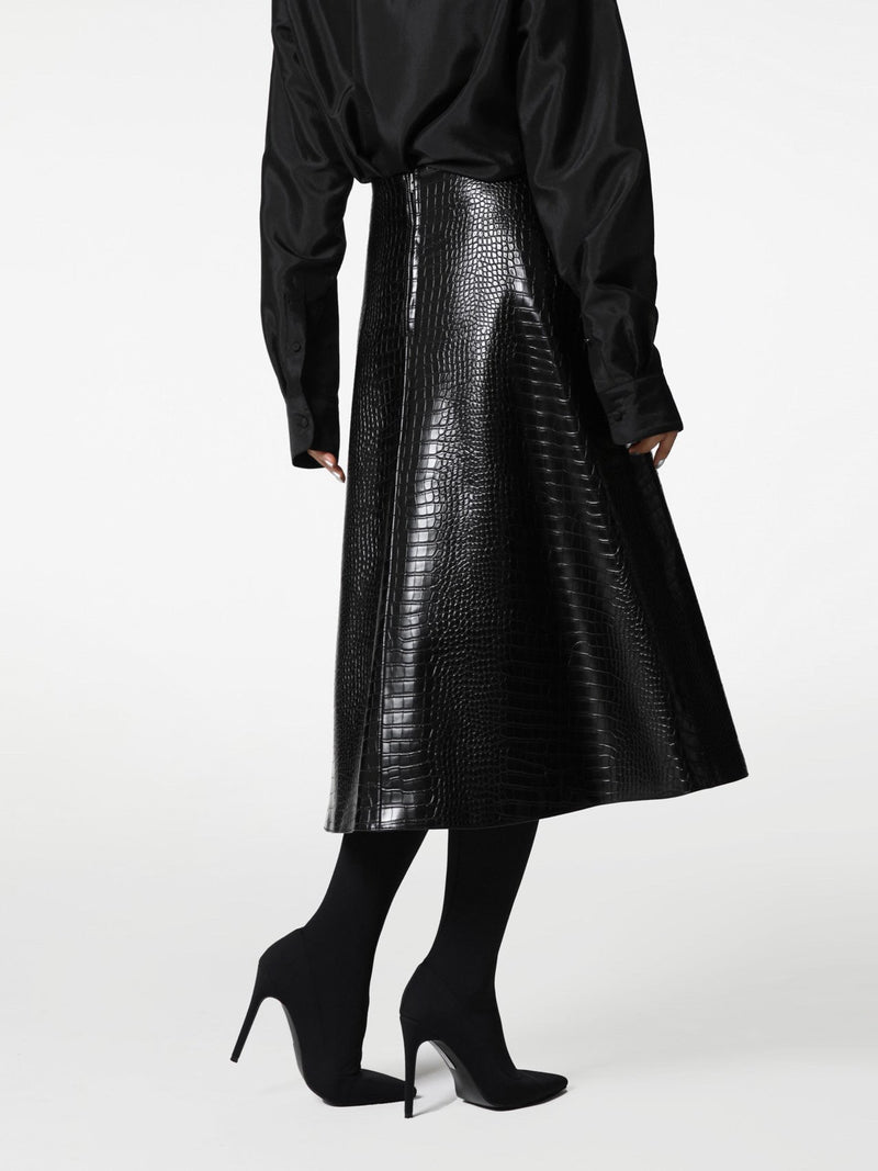 CROC LEATHER FLARED MIDI SKIRT