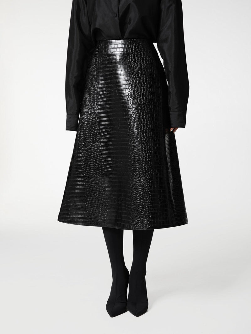 CROC LEATHER FLARED MIDI SKIRT