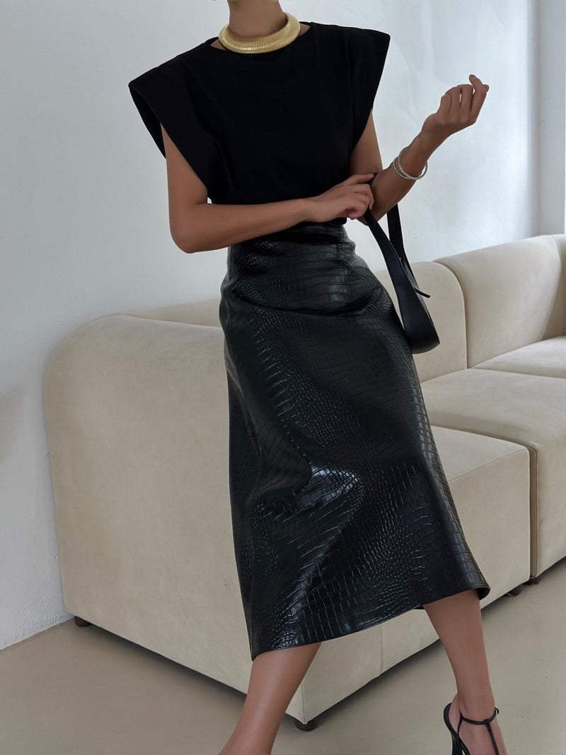 CROC LEATHER FLARED MIDI SKIRT