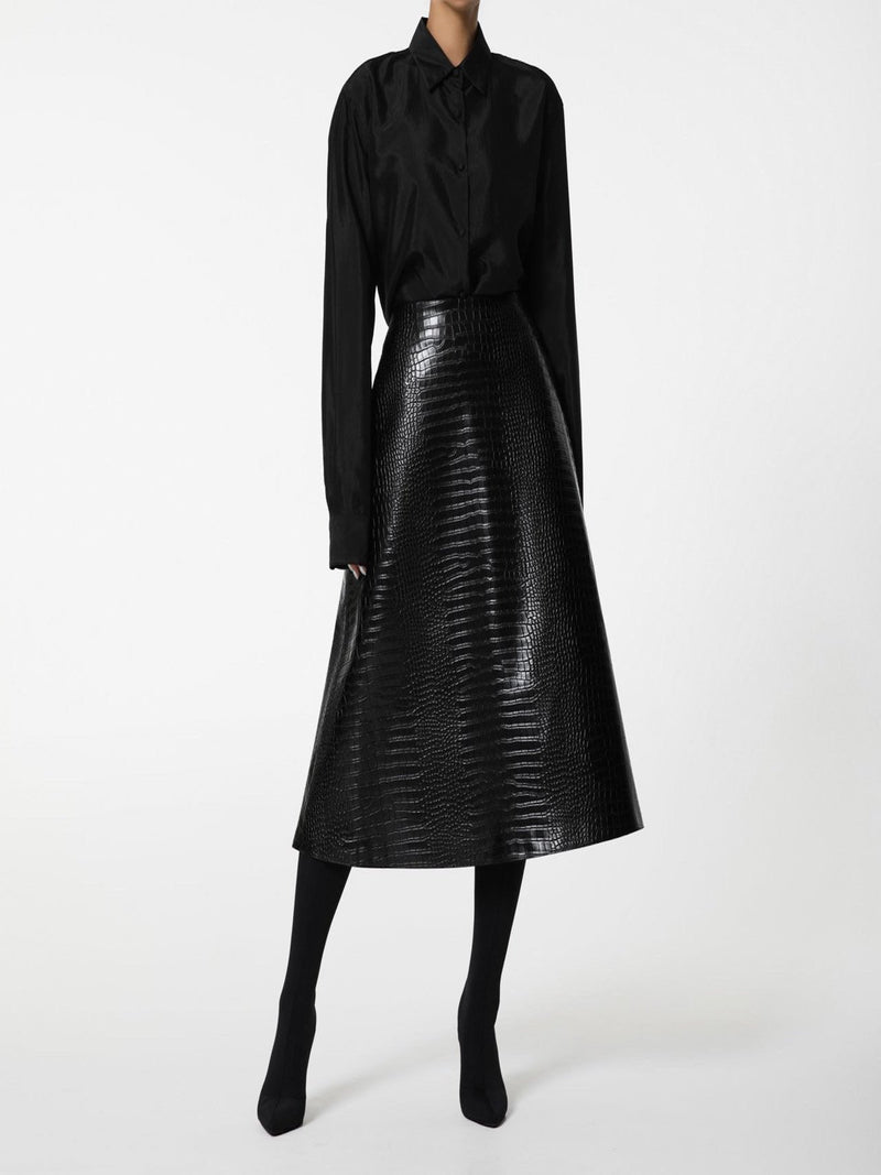 CROC LEATHER FLARED MIDI SKIRT