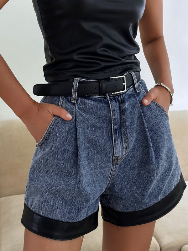 DENIM PIN-TUCK SHORTS WITH LEATHER TRIM
