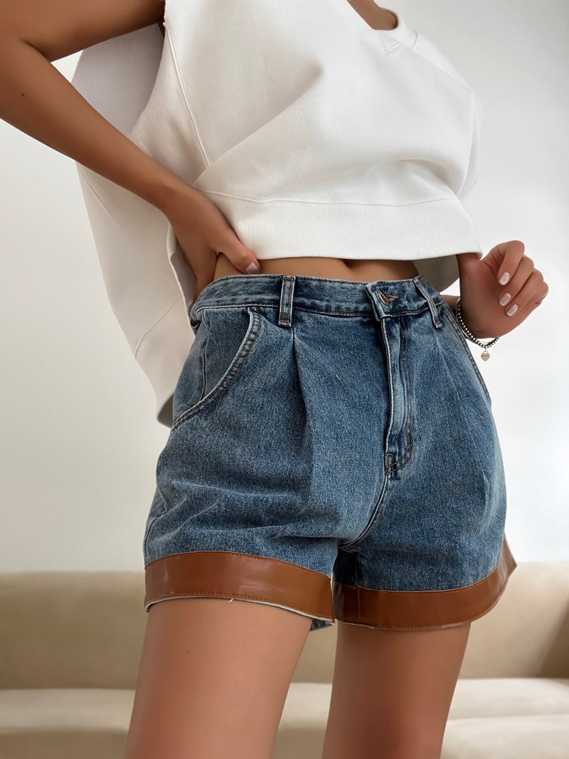 DENIM PIN-TUCK SHORTS WITH LEATHER TRIM