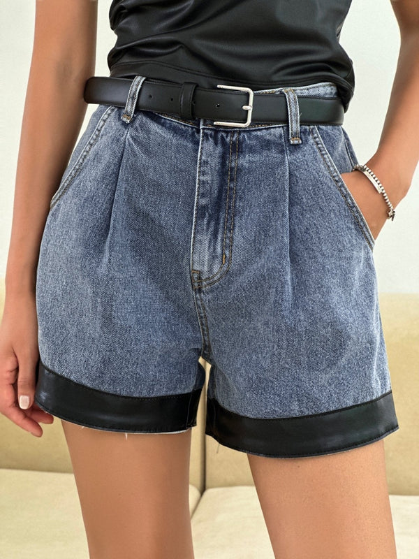 DENIM PIN-TUCK SHORTS WITH LEATHER TRIM