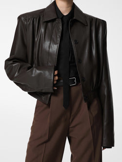 HIDDEN BUTTON SHIRRED DETAIL VEGAN LEATHER BLOUSON