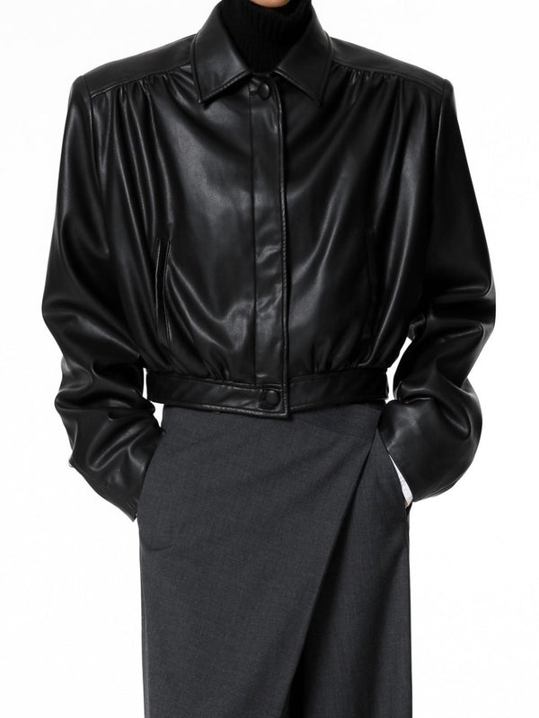 HIDDEN BUTTON SHIRRED DETAIL VEGAN LEATHER BLOUSON