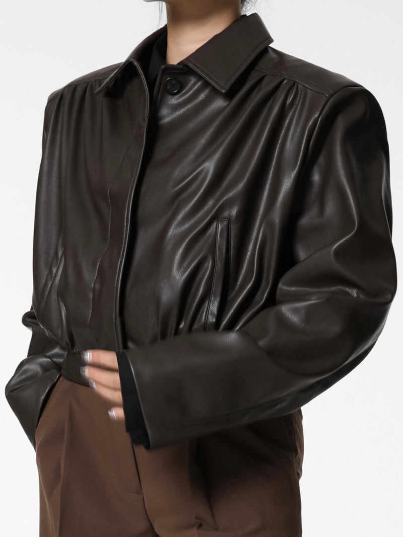 HIDDEN BUTTON SHIRRED DETAIL VEGAN LEATHER BLOUSON