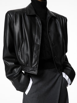 HIDDEN BUTTON SHIRRED DETAIL VEGAN LEATHER BLOUSON