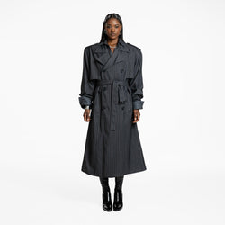 PINSTRIPE PADDED OVERSIZED DOUBLE BREASTED TRENCH COAT