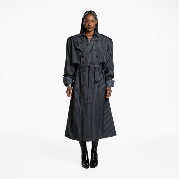 PINSTRIPE PADDED OVERSIZED DOUBLE BREASTED TRENCH COAT