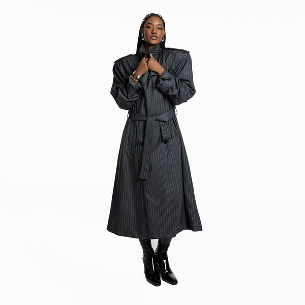 PINSTRIPE PADDED OVERSIZED DOUBLE BREASTED TRENCH COAT
