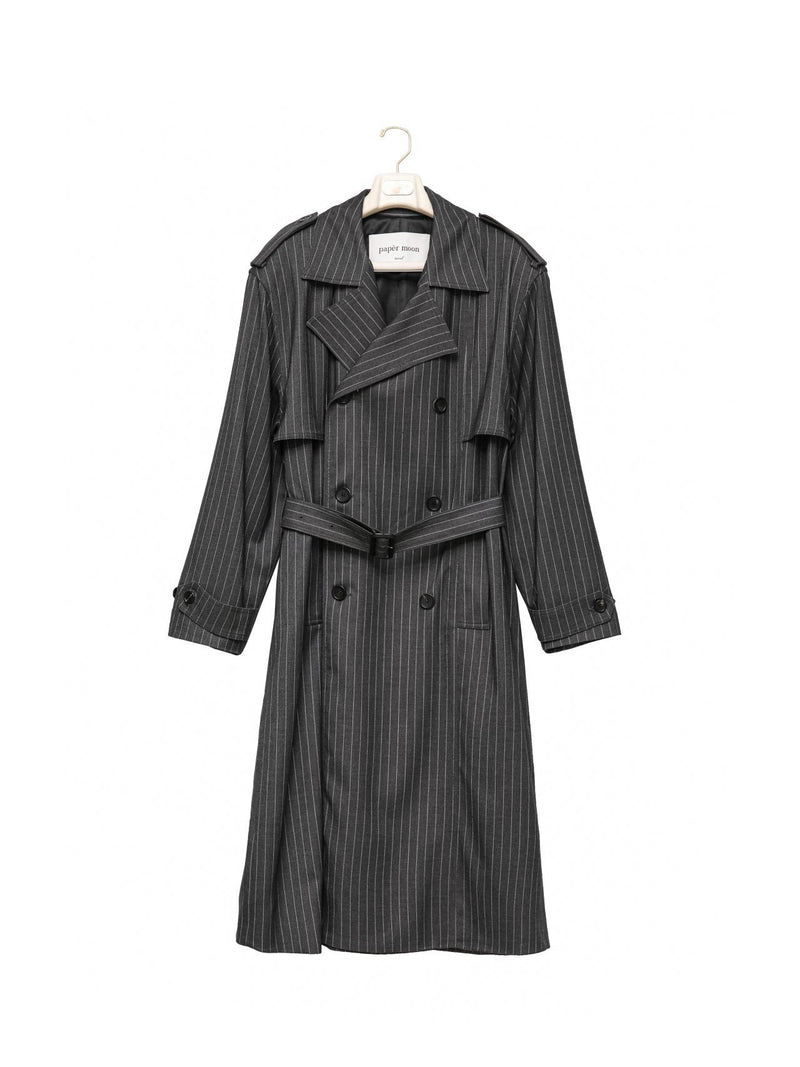 PINSTRIPE PADDED OVERSIZED DOUBLE BREASTED TRENCH COAT