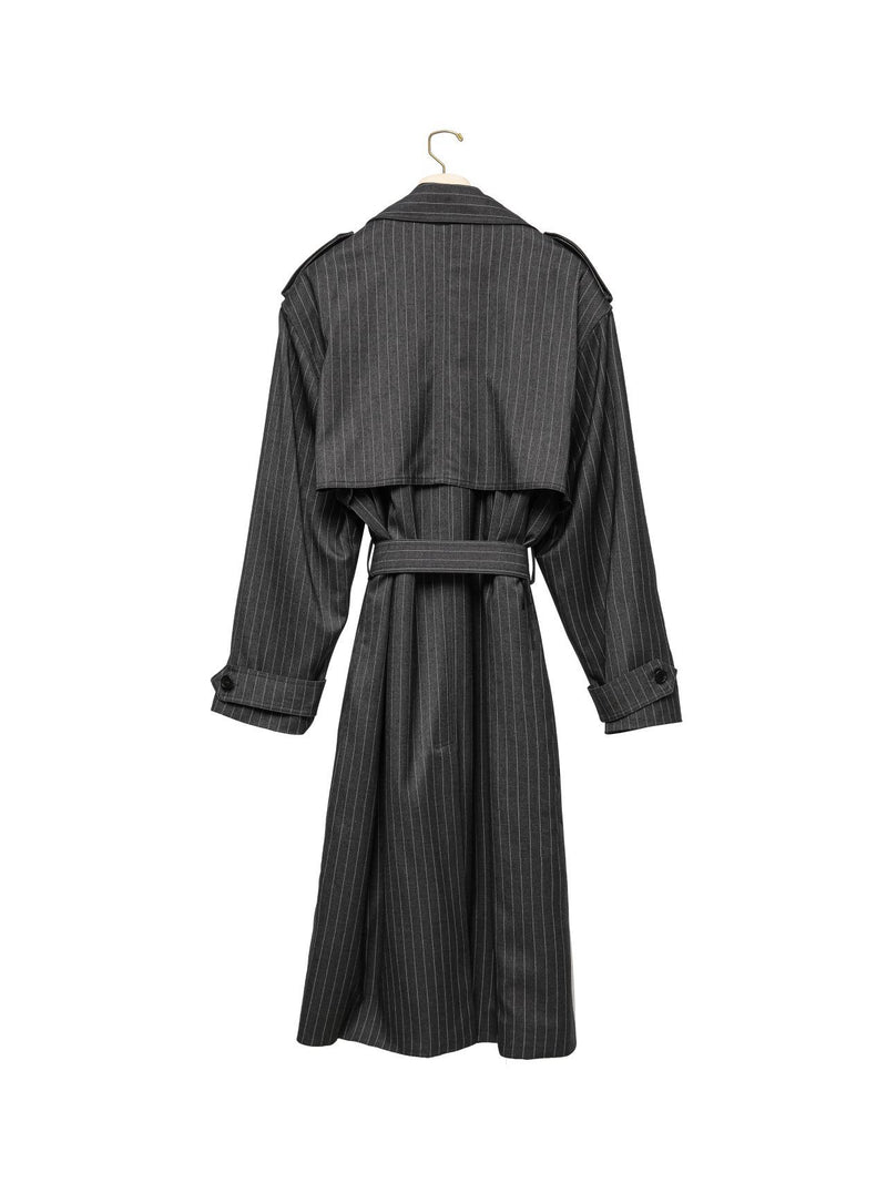PINSTRIPE PADDED OVERSIZED DOUBLE BREASTED TRENCH COAT