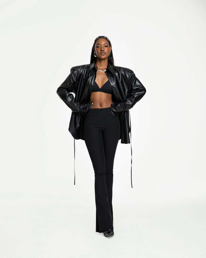 VEGAN LEATHER PADDED SHOULDER BUTTON DOWN SHIRT