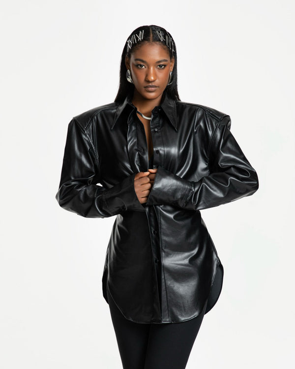 VEGAN LEATHER PADDED SHOULDER BUTTON DOWN SHIRT