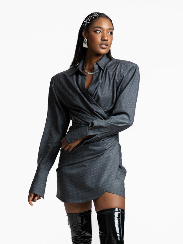 PINSTRIPED DRAPED DETAIL SHIRT DRESS
