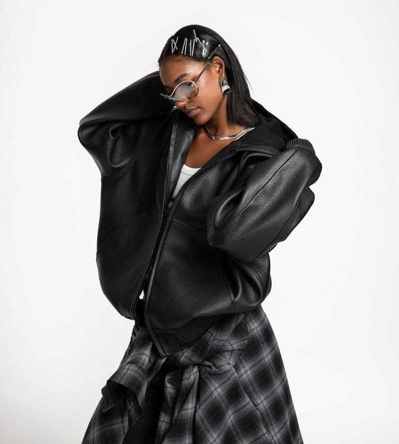 OVERSIZED VEGAN LEATHER HOODED FULL ZIP UP JACKET